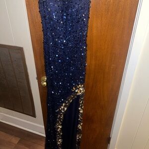 David's Bridal Navy and Gold Sequin Prom Dress
